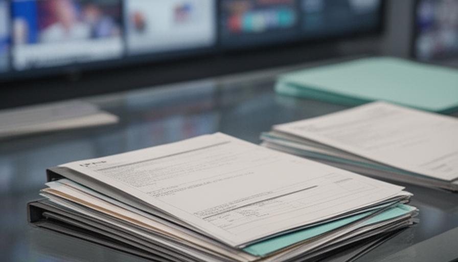 Dosare și fișe de producție așezate pe o masă de sticlă, cu lumină de studio și ecrane în fundal