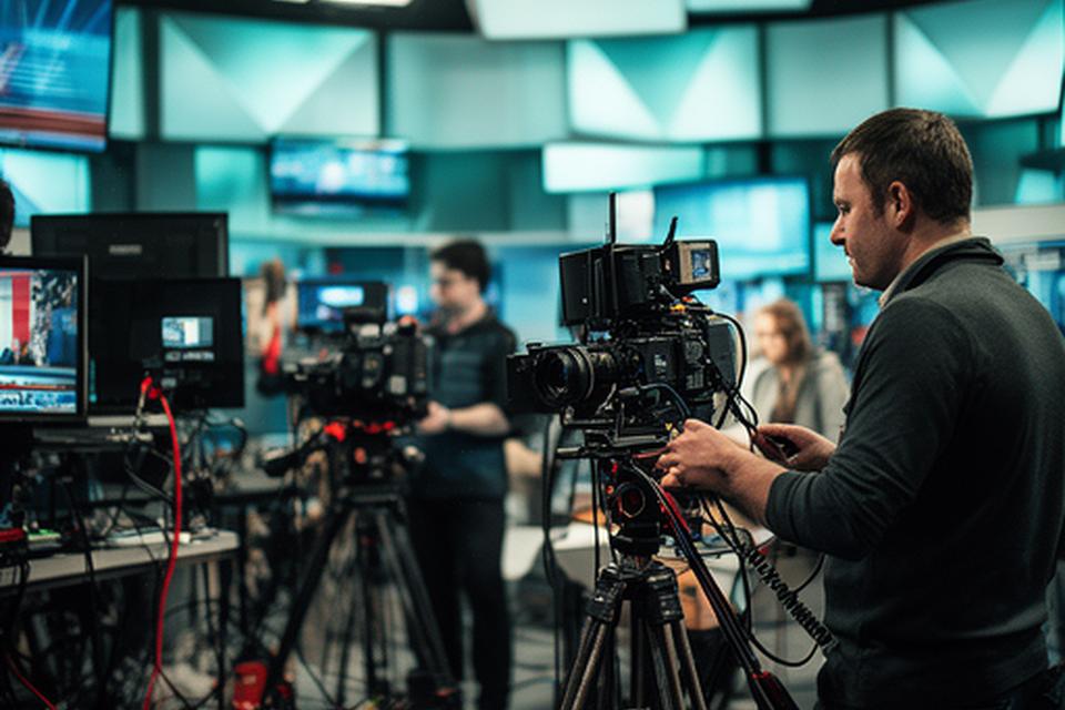 Redacție TV locală cu monitoare, camere și un operator pregătind o transmisiune în direct