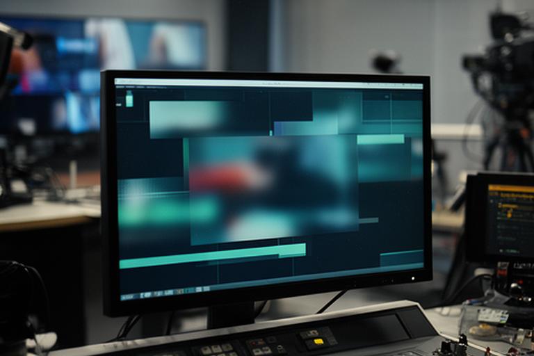 Monitor de control într-un studio TV local cu grafice de știri și fluxuri de lucru afișate pe ecran