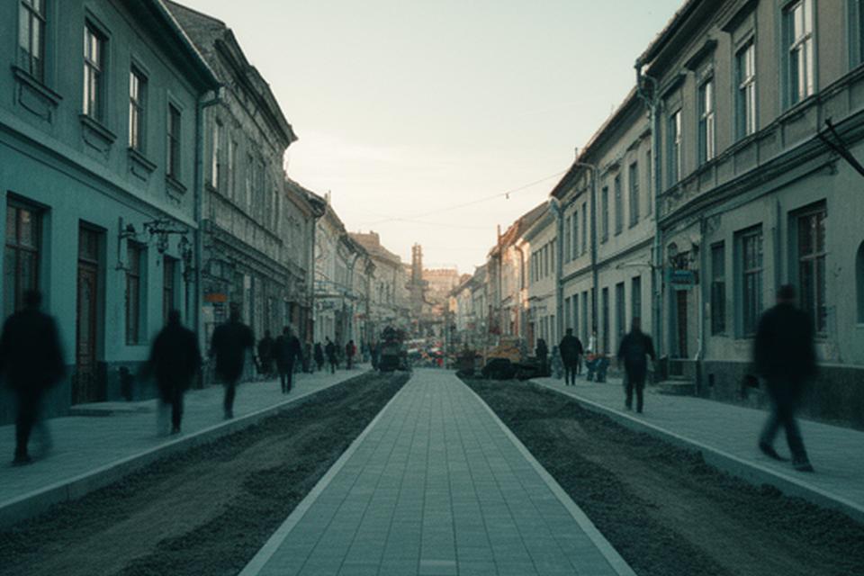 Piața centrală din Codlea, cu lucrări de modernizare, trotuare refăcute și trecători în lumină de după-amiază